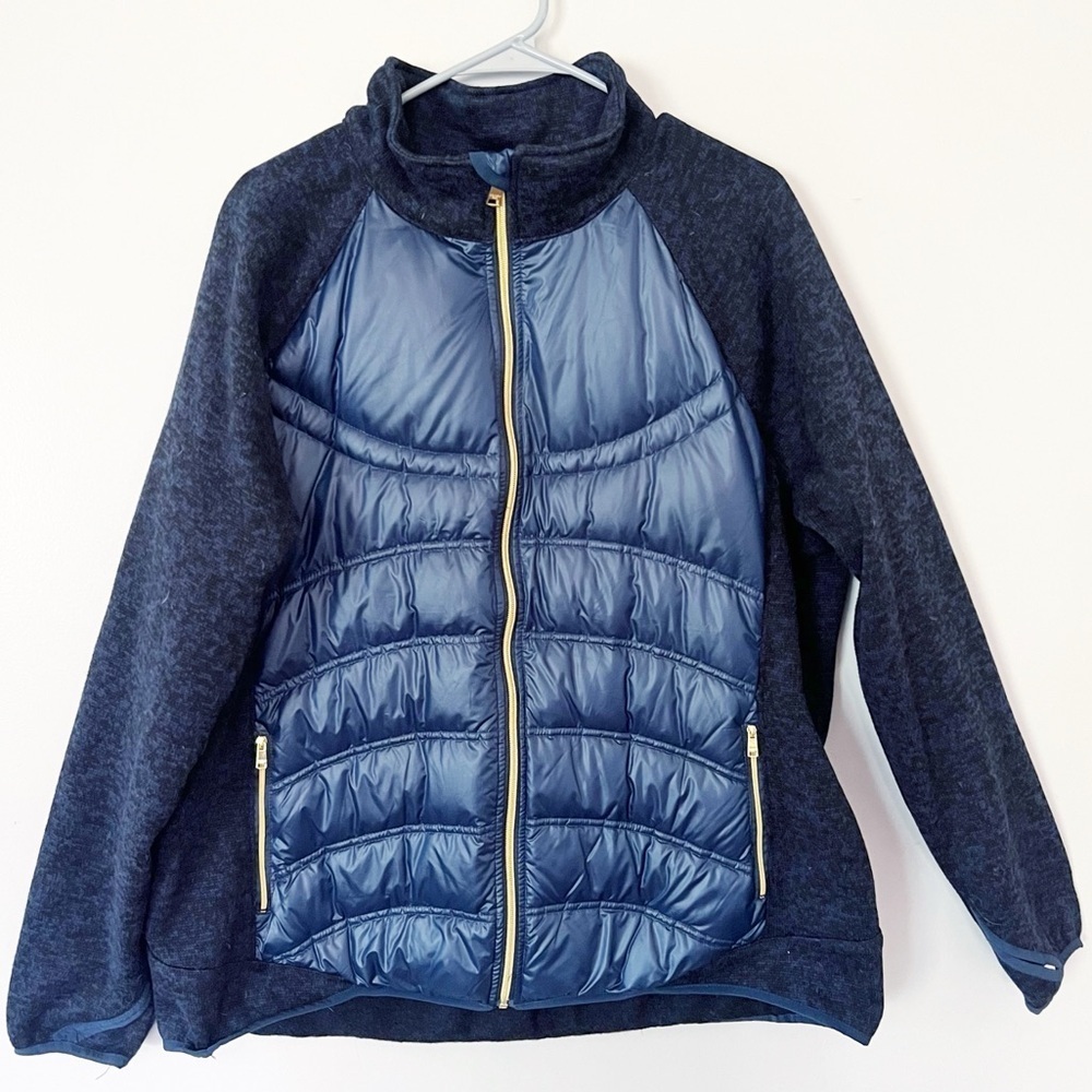 London Fog Mixed Media Down Puffer Coat Jacket XXL Navy Blue Gold Hardware 2XL